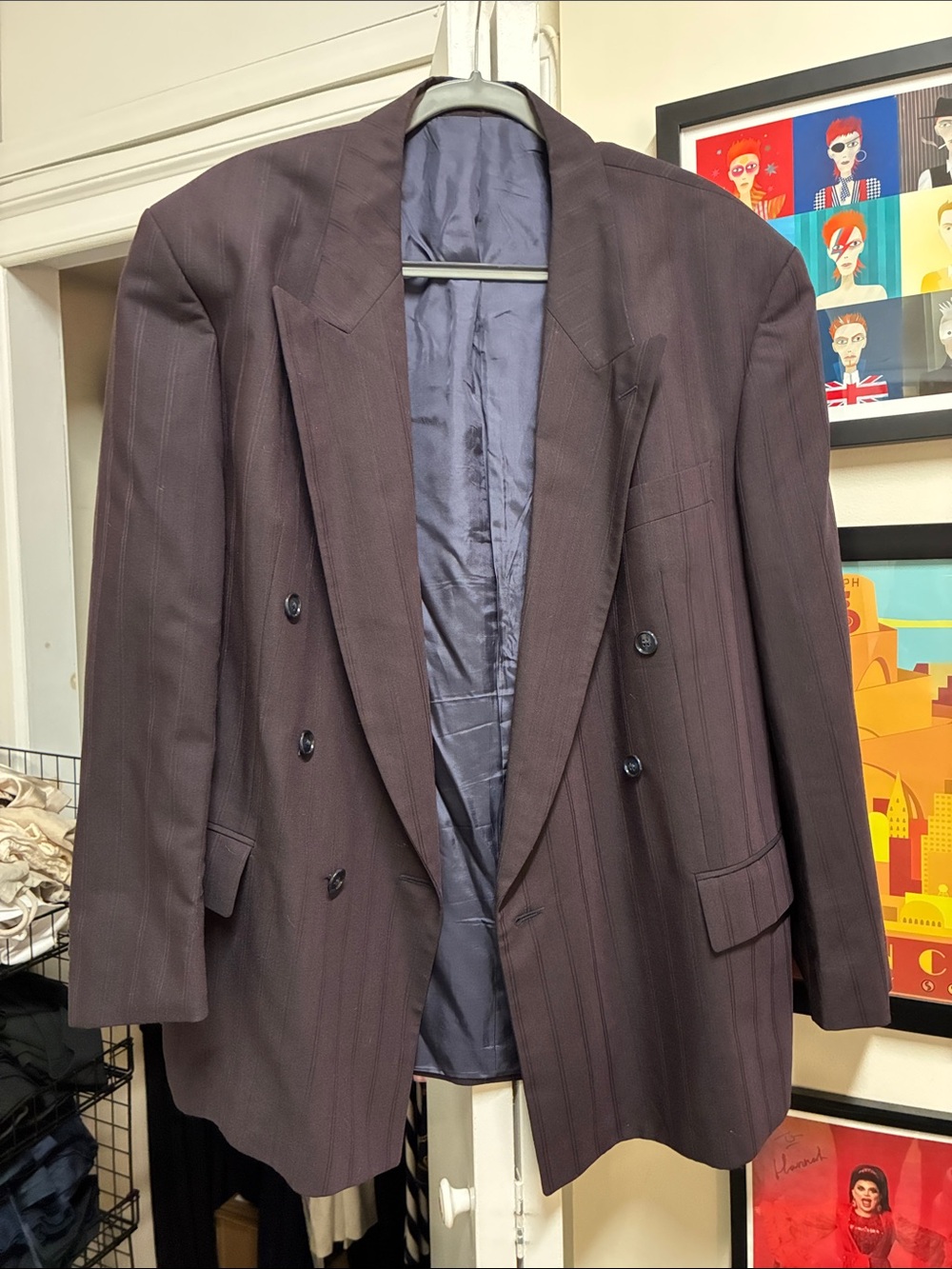 Vintage 80s Mohair Women’s Oversized Double-Breasted Plum Pinstripe Blazer